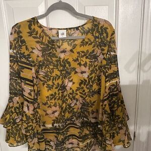 CAbi Yellow Floral Blouse with Ruffle Sleeves